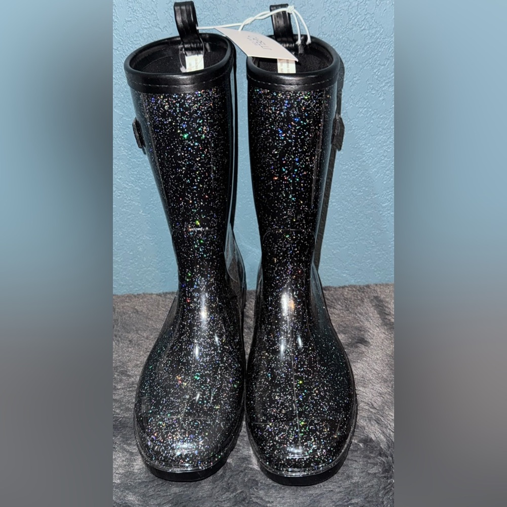 NWT Capelli New York Rain Boots Womens 7 Black Rubber Pull On Glitter